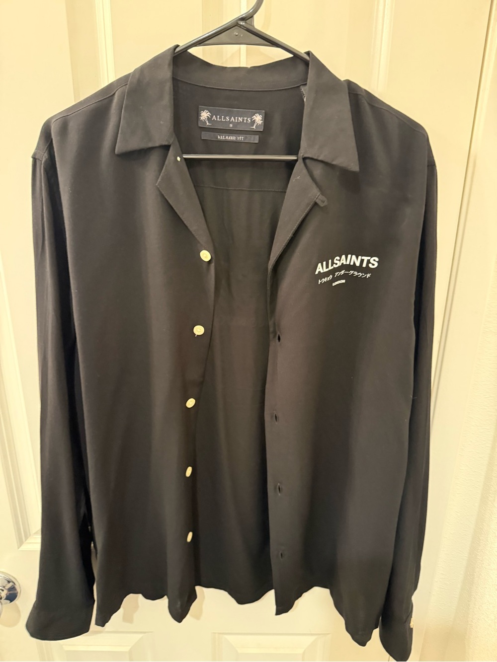 AllSaints Black Button-Up Dress Shirt with White Logo